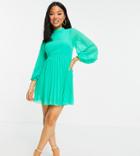 Asos Design Petite High Neck Pleated Long Sleeve Mini Skater Dress In Emerald Green