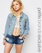 Liquor & Poker Petite Cropped Denim Jacket With Folk Embroidery And Pom Pom Trim - Blue