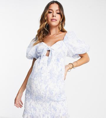 Missguided Maternity Dress With Puff Sleeve In Light Blue Porcelain Print