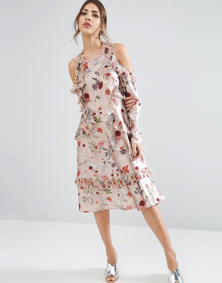 Asos Cold Shoulder Midi Dress With Pleated Ruffle In Swan Print - Multi