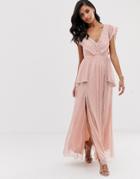 Lace & Beads Maxi Dress In Taupe - Pink