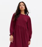 New Look Petite Crinkle Crew Neck Long Sleeve Jersey Smock Dress In Burgundy-red