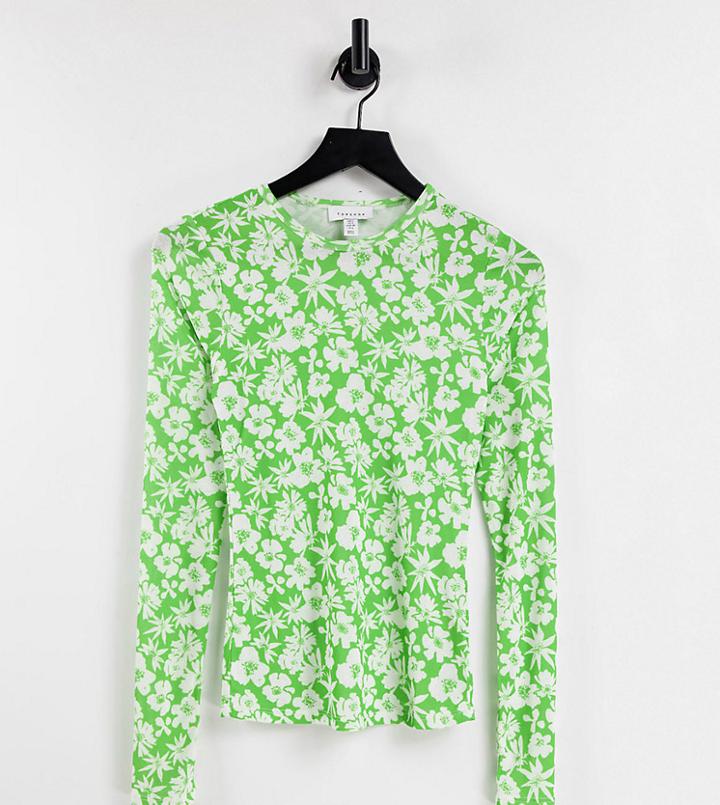 Topshop Tall Floral Mesh Top In Green