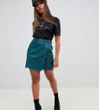 Asos Design Petite Leather Look Mini Skirt With Scallop Edge - Green