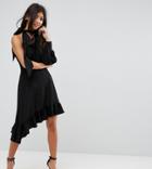 Asos Petite One Sleeve Midi Tea Dress With Scarf Neck - Black