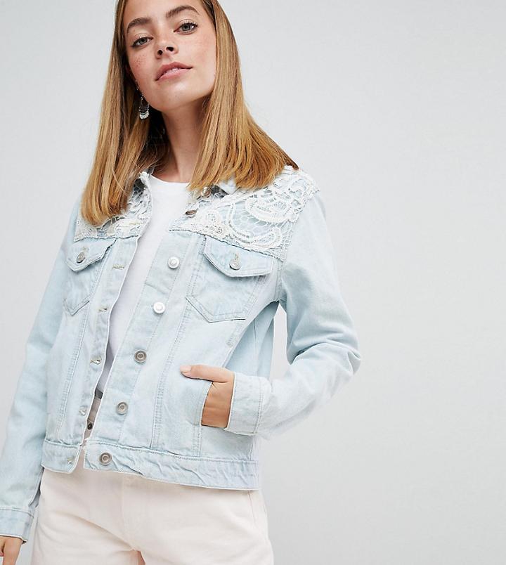 Brave Soul Petite Rayola Denim Jacket With Crochet Insert - Blue