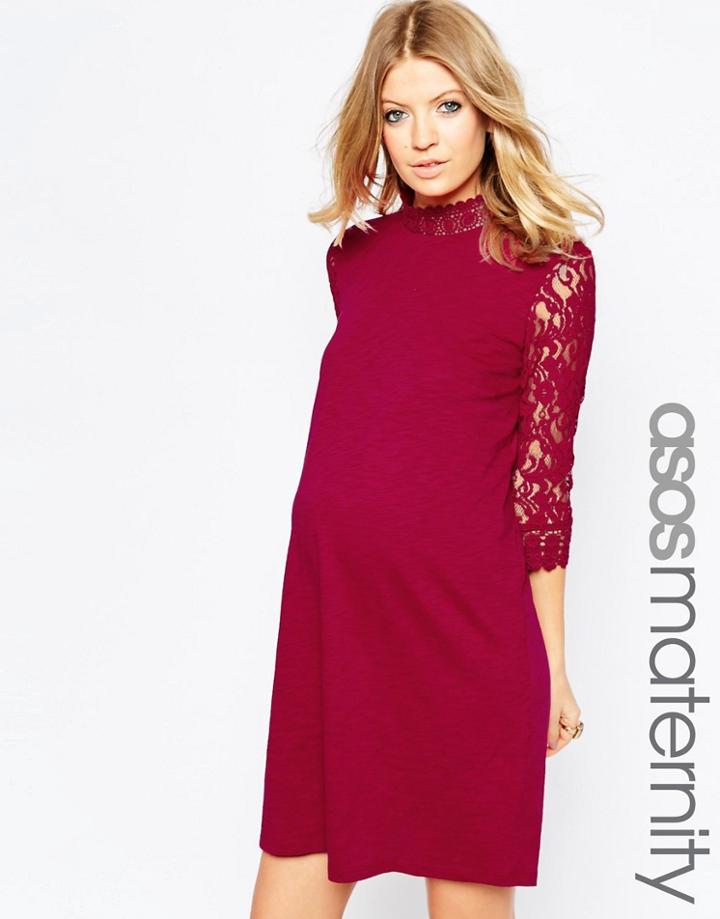 Asos Maternity Shift Dress With Lace Sleeves - Red