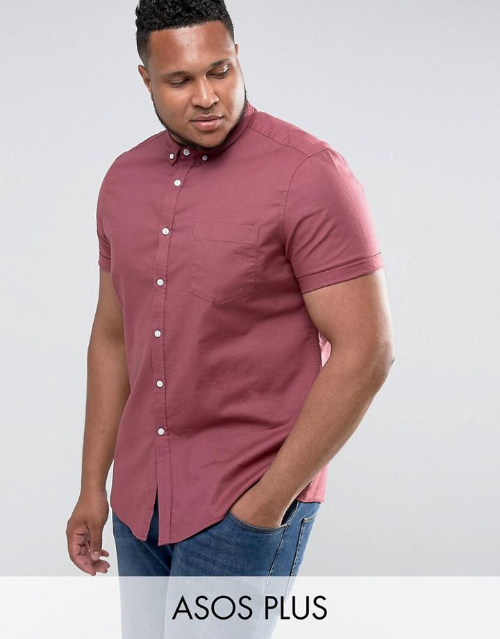 Asos Plus Casual Regular Fit Oxford Shirt In Maroon With Short Sleeves - Red
