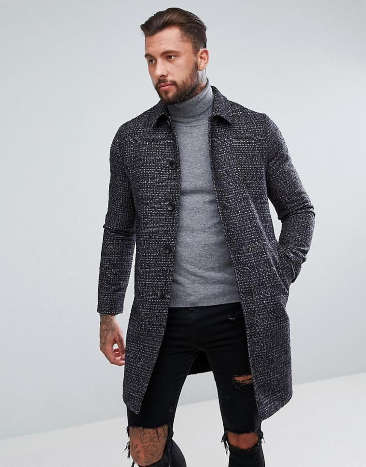 Asos Wool Mix Trench Coat In Navy Check - Navy
