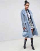 Lost Ink Pannelled Coat In Herringbone Faux Fur Mix - Blue