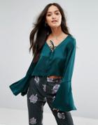 Love & Other Things Lace Up Fluted Sleeve Top - Green
