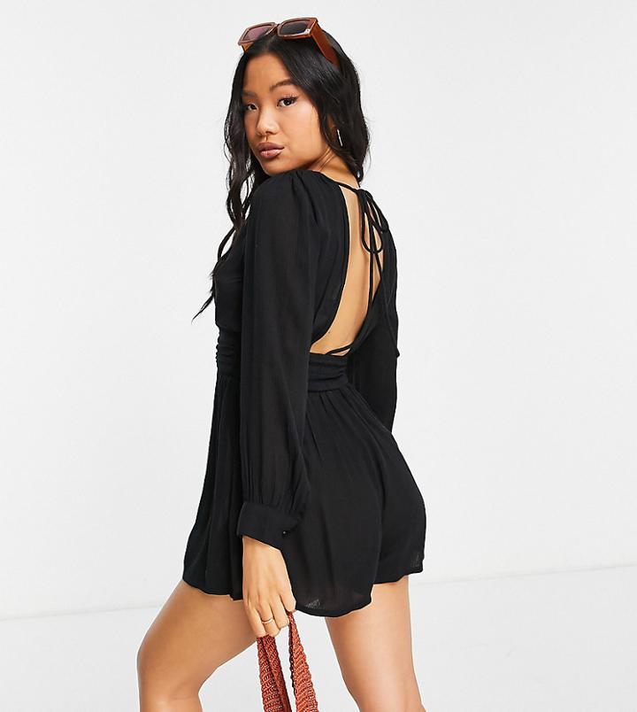 Asos Design Petite Long Sleeve Plunge Beach Romper In Black