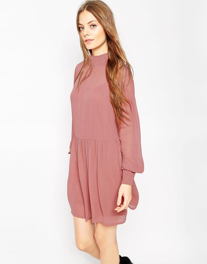 Asos Shirred Neck Swing Dress - Dusky Pink