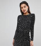 Flounce London Sequin Mini Dress With Shoulder Pads In Black And Silver - Multi