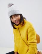 Asos Design Fluffy Beanie With Faux Fur Pom - Gray