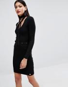 Michelle Keegan Loves Lipsy Button Up Sweater Dress With Neck Tie - Black