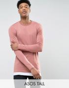 Asos Tall Longline Muscle Long Sleeve T-shirt With Contrast Hem In Pink/white - Pink