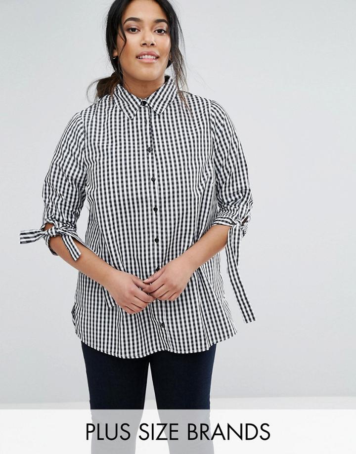 New Look Plus Gingham Tie Sleeve Shirt - Black