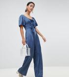 Lost Ink Petite Jumpsuit With Scoop Neck And Bow Front-blue