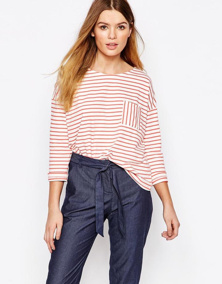 People Tree Fairtrade Cotton Bretton Stripe T-shirt With Pocket - Navy Sripe
