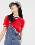 Monki Contrast Neck Detail Top In Red - Red