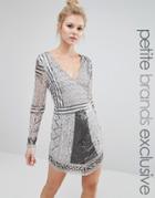 Maya Petite Long Sleeve Plunge Front Heavily Embellished Mini Dress - Silver