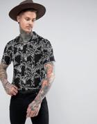 Asos Regular Fit Shirt With Leaf Print And Revere Collar - Black