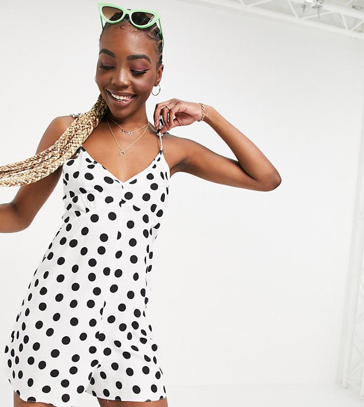 Asos Design Tall V Neck Tie Shoulder Swing Romper In Cream & Black Spot-multi