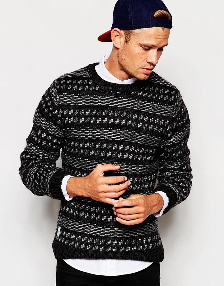 Native Youth Textured Knitted Pattern Sweater - Black