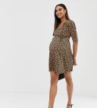 Asos Design Maternity Leopard Print Plisse Mini Dress With Button Detail - Multi