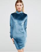 Club L High Neck Long Sleeve Dress In Crushed Velvet - Green