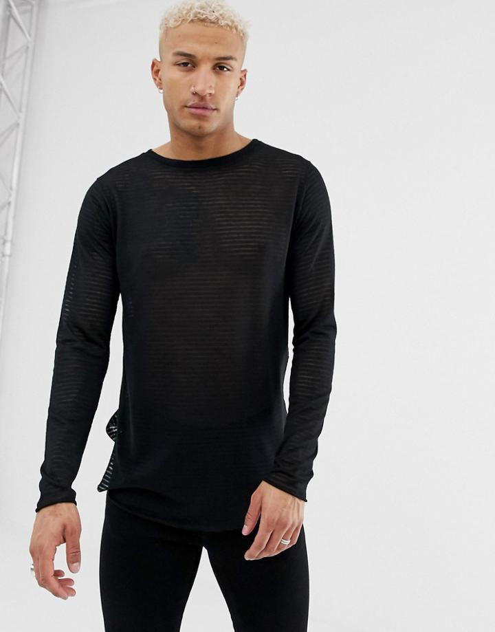 Soul Star Sheer Curved Hem Knitted Top - Black