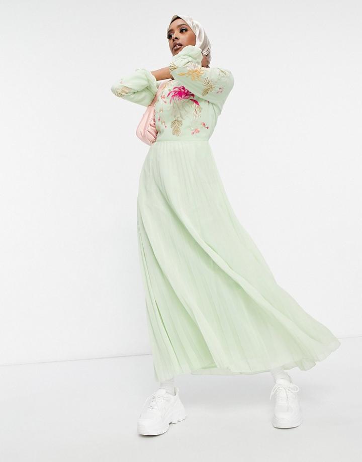 Asos Design Embroidered Pleated Maxi Dress With Fluted Sleeve In Sage Green