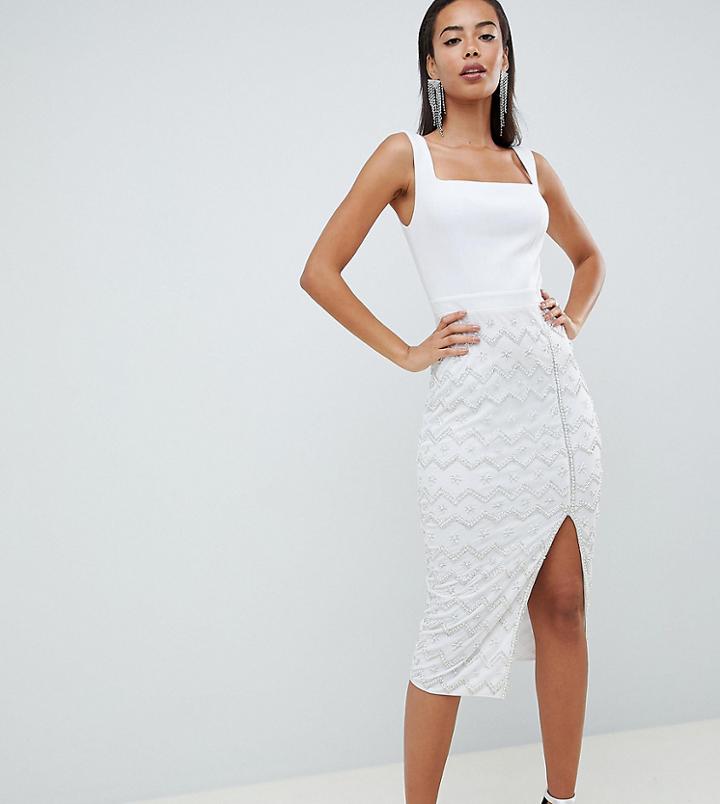 Asos Design Tall Square Neck Embellished Sequin Midi Dress - White