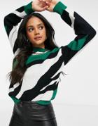 Liquorish Knitted Sweater In Oversized Abstract Print In Green-multi
