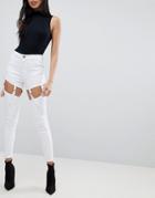 Asos Ridley High Waist Skinny Jeans With Suspender Detail In White - White