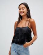 Bershka Fringe Detail Cami Top In Black - Blue