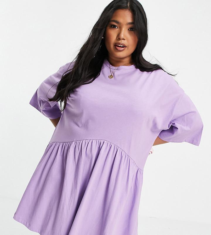 Asos Design Curve Oversized Mini Smock Dress With Dropped Waist In Lilac-purple