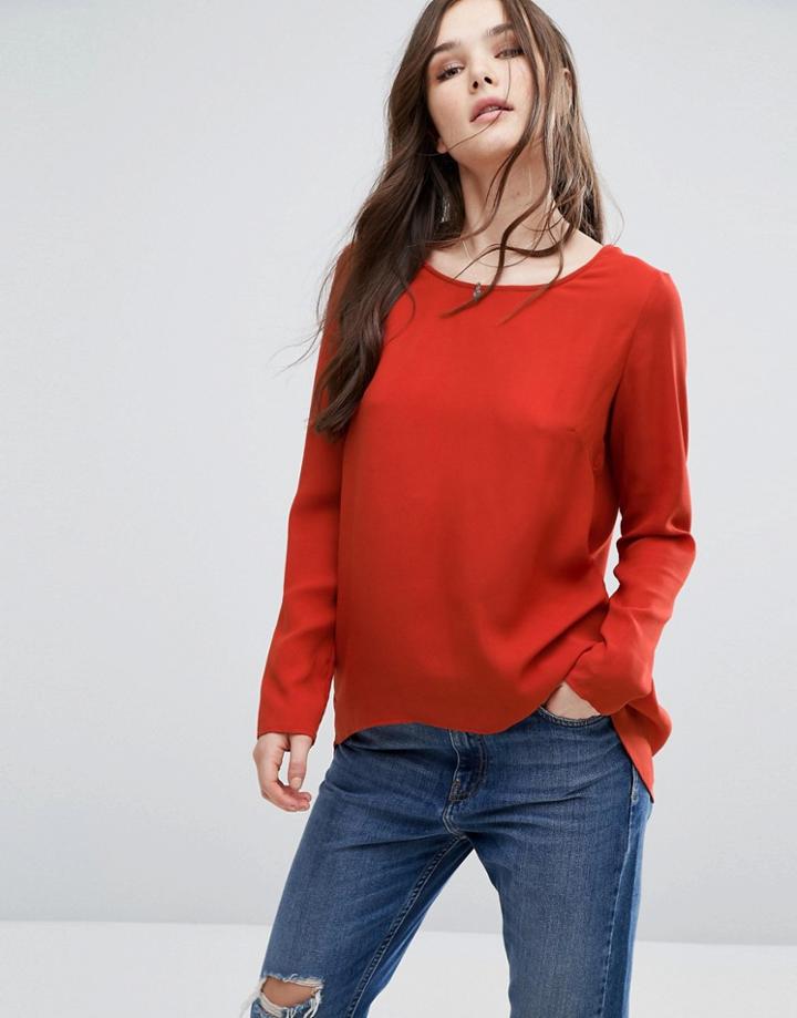 Vila Long Sleeve Dip Hem Top - Red