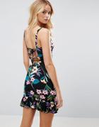 Asos Mini Sundress With Lace Up Back And Peplum Hem In Tropical Print - Multi