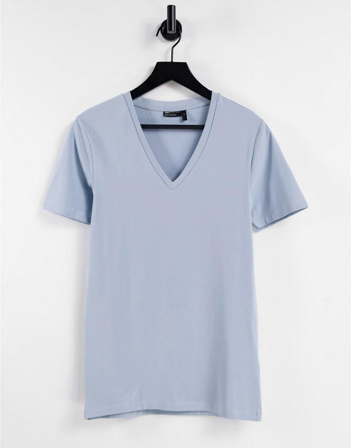 Asos Design Muscle Fit T-shirt With Deep V Neck In Blue-blues