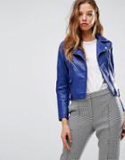 Mango Leather Look Biker Jacket - Blue