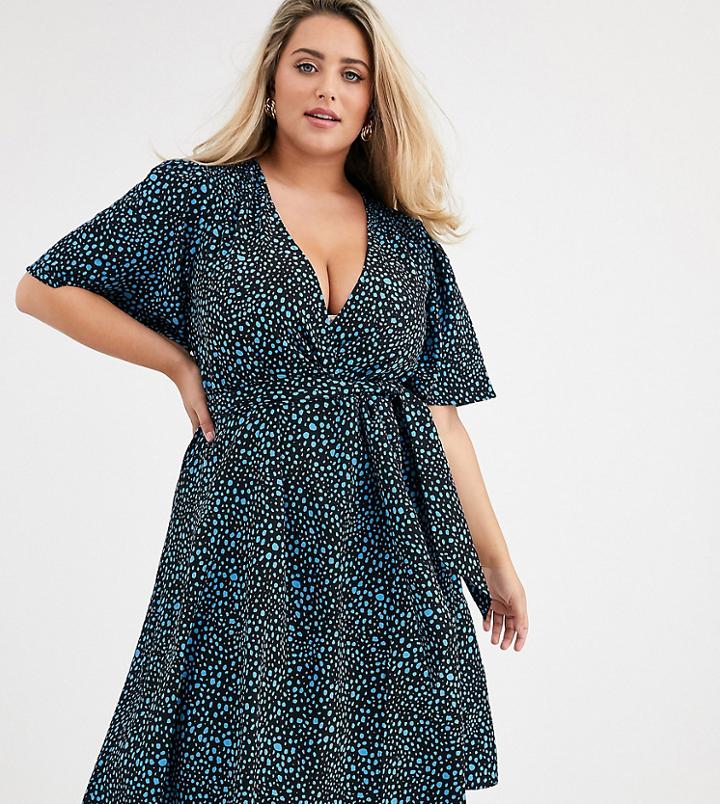 Fashion Union Plus Wrap Dress With Ruched Sleeve In Blue Dalmatian-multi