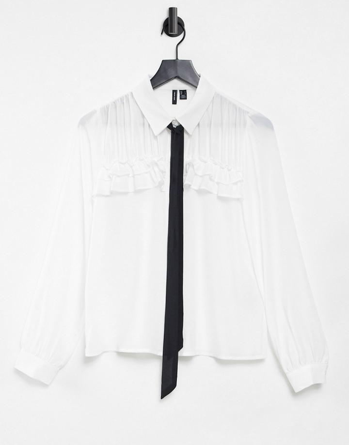 Vero Moda Shirt With Ruffle Detail And Black Tie Neck In White