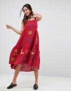 Asos Geo-tribal Embroidered Drop Waist Midi Dress - Red