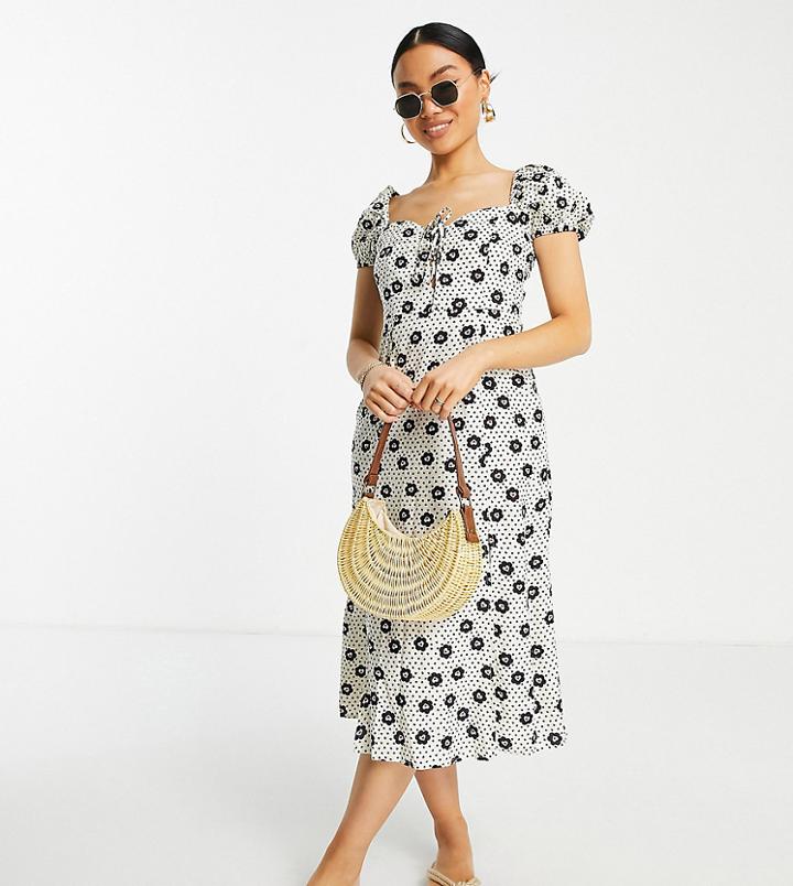 Miss Selfridge Petite Tie Front Midi Dress In Ivory Heart Daisy-white