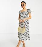 Miss Selfridge Petite Tie Front Midi Dress In Ivory Heart Daisy-white