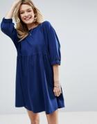 Asos Cotton Smock Dress With Elastic Cuff Detail - Navy