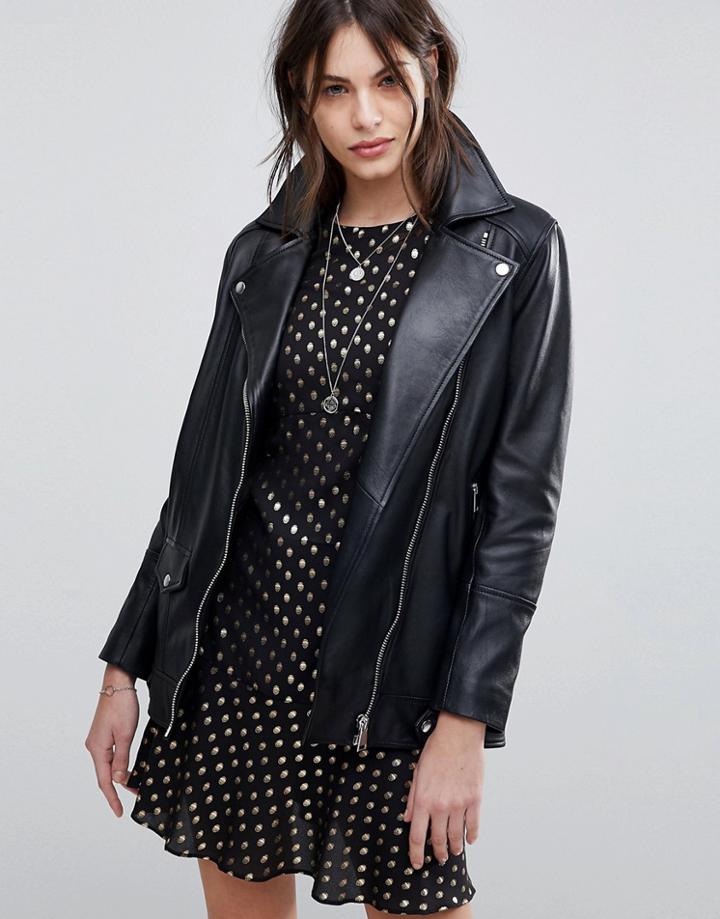 Lab Longline Leather Jacket With Belt - Black