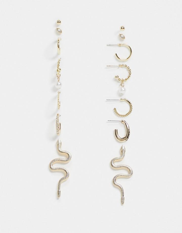 Asos Design 9-pack Earrings With Snake Crystal And Faux Pearl Designs In Gold Tone